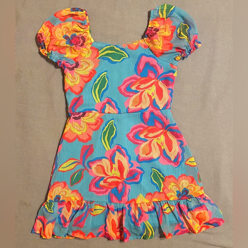 GB Girls Vibrant Floral Dress - Blue and Pink